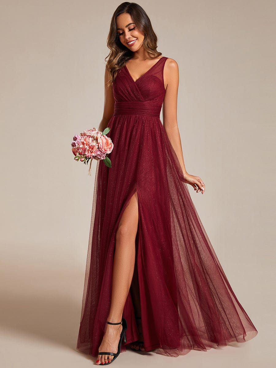 High Waist and Slit Glittering Bridesmaid Dress with V-Neck