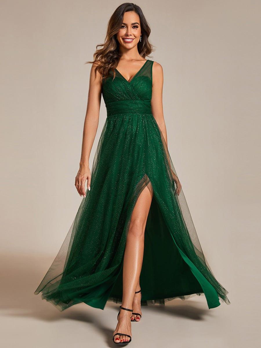 Glittering High Slit Tulle Dress with Empire Waist in Dark Green
