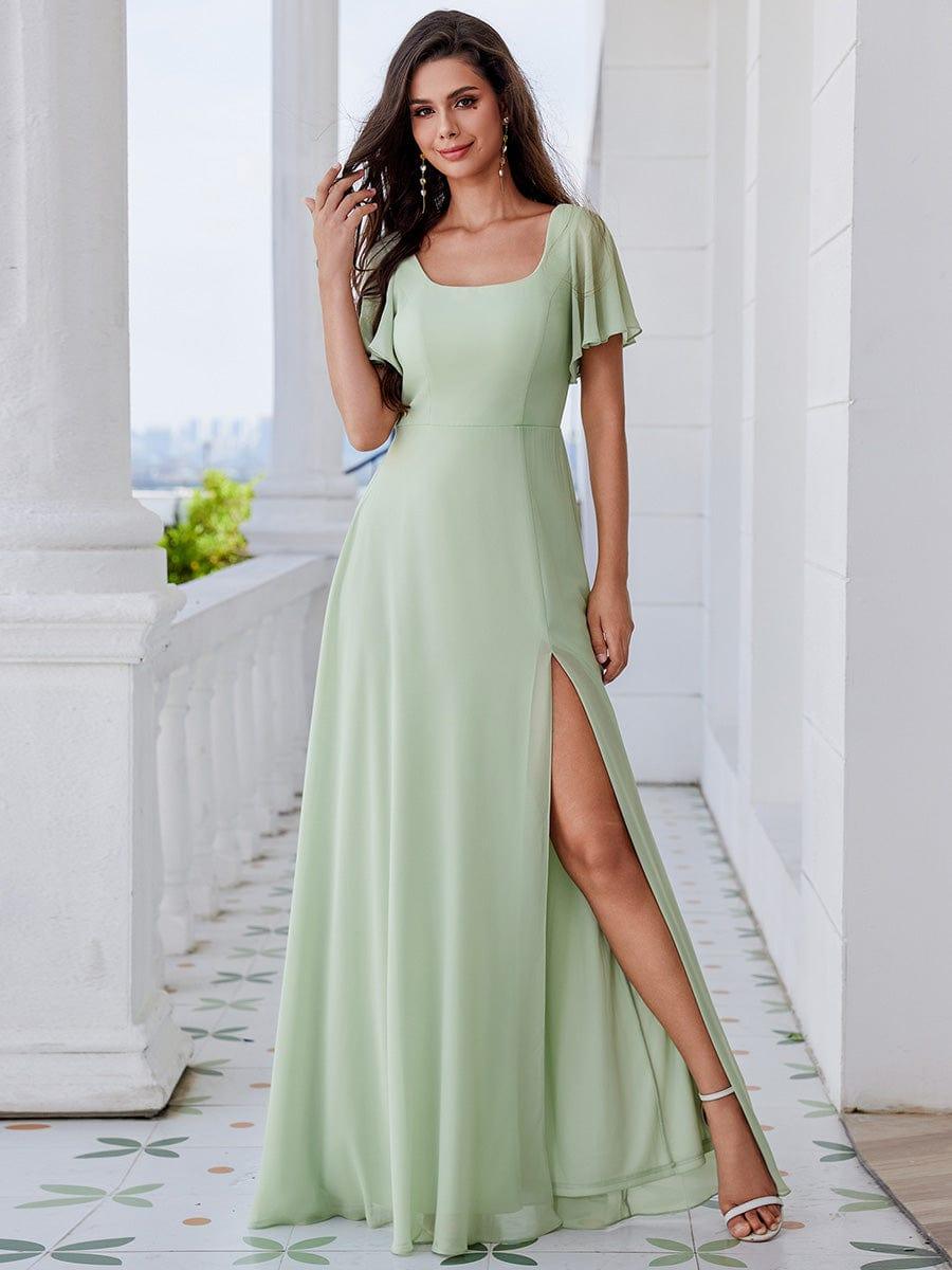 U-Neck Ruffle Sleeve High Slit A-Line Bridesmaid Dress with Back Tie #color_Mint Green