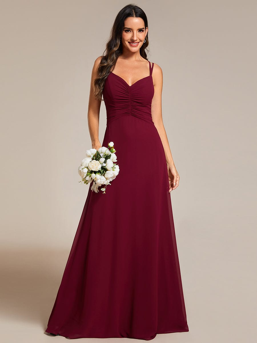 Chic Adjustable Straps Pleated Bridesmaid Dress with V-Neck #color_Burgundy