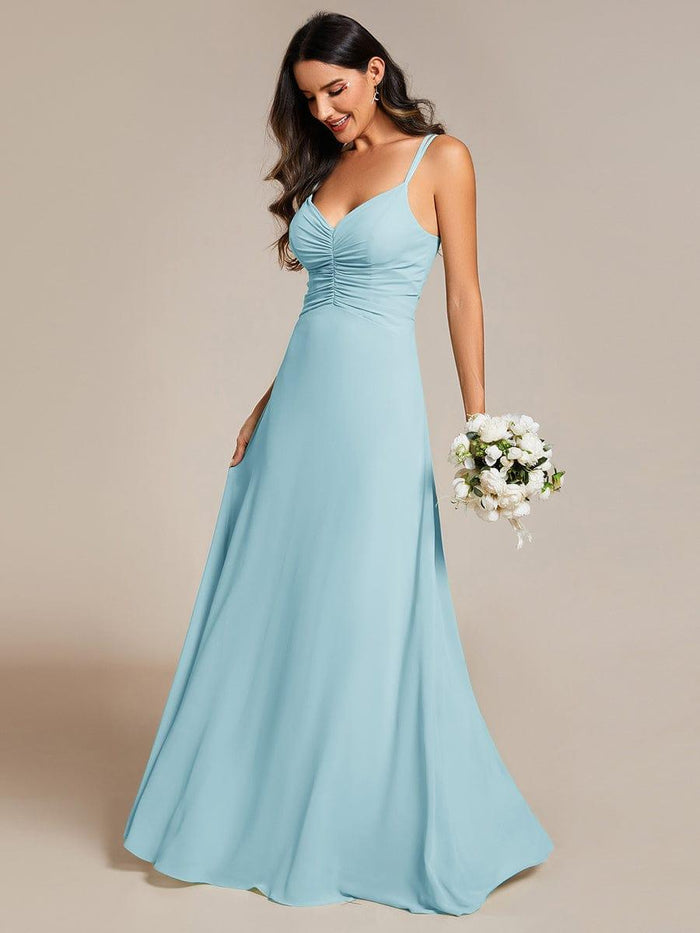 Pleated Spaghetti Straps Bridesmaid Dress featuring V-Neck