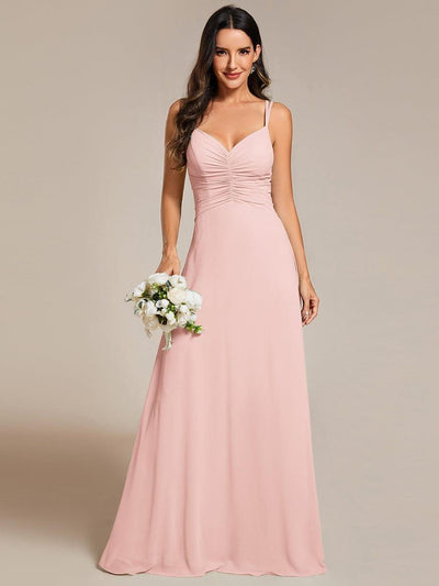Chic Adjustable Straps Pleated Bridesmaid Dress with V-Neck #color_Pink