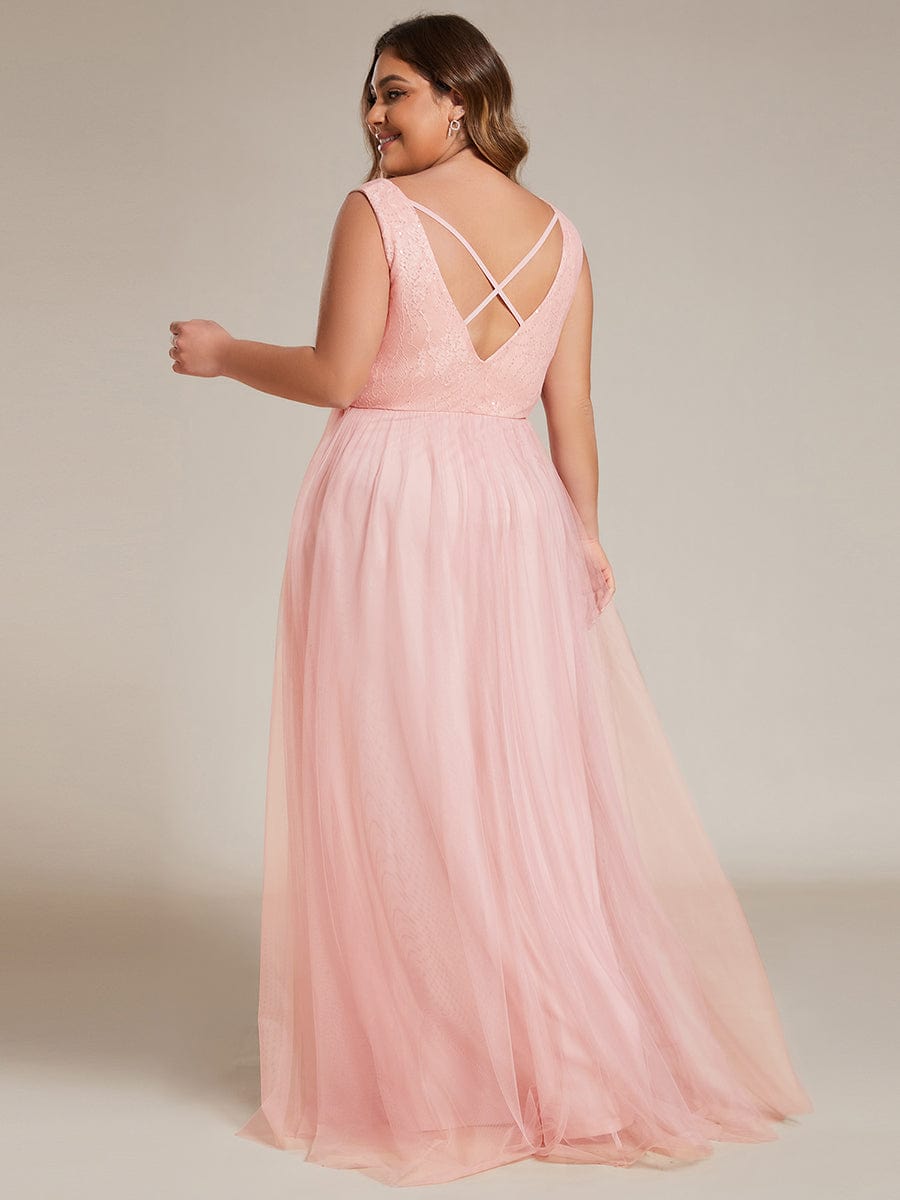 Elegant V-neck Sleeveless Plus Size Lace and Tulle Bridesmaid Dress #color_Pink