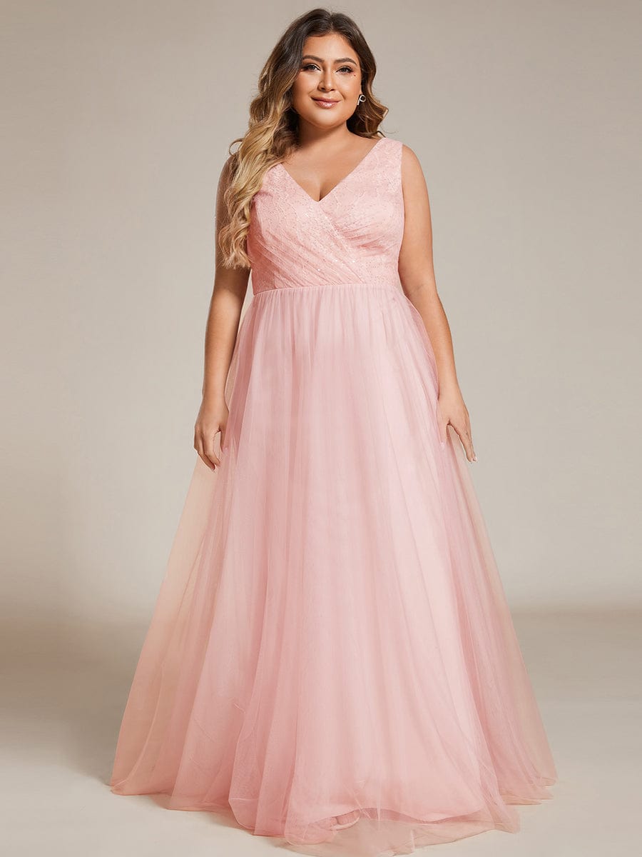 Elegant V-neck Sleeveless Plus Size Lace and Tulle Bridesmaid Dress #color_Pink