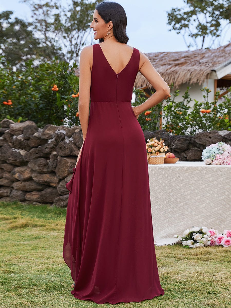 High-Low Ruffles V-Neck Bridesmaid Dress with Waist Pleating #color_Burgundy
