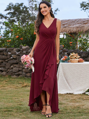 High-Low Ruffles V-Neck Bridesmaid Dress with Waist Pleating