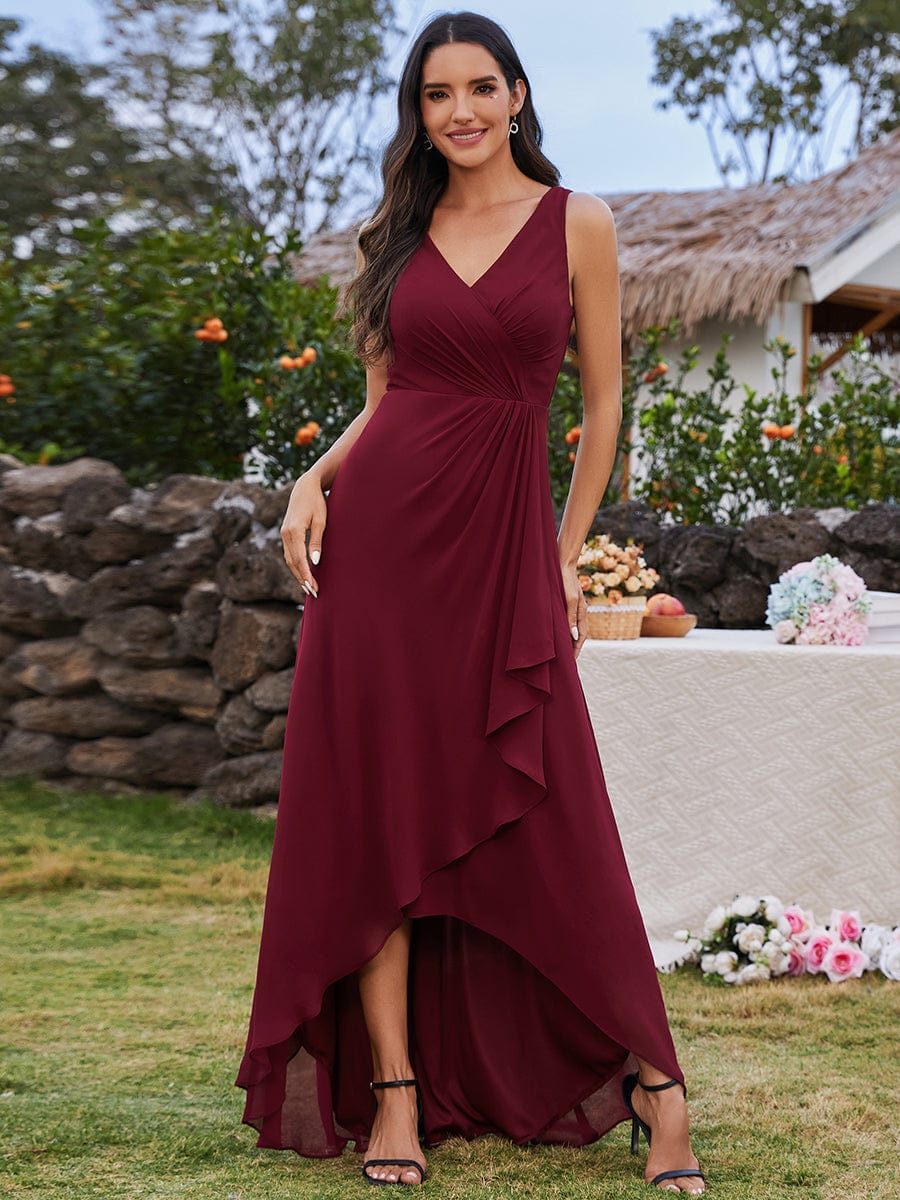 High-Low Ruffles V-Neck Bridesmaid Dress with Waist Pleating #color_Burgundy