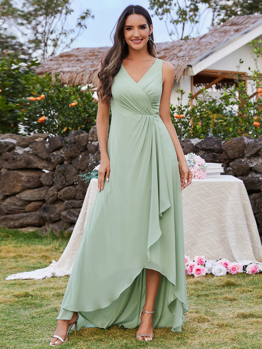 High-Low Ruffles V-Neck Bridesmaid Dress with Waist Pleating