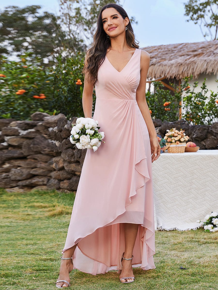 High-Low Ruffles V-Neck Bridesmaid Dress with Waist Pleating #color_Pink