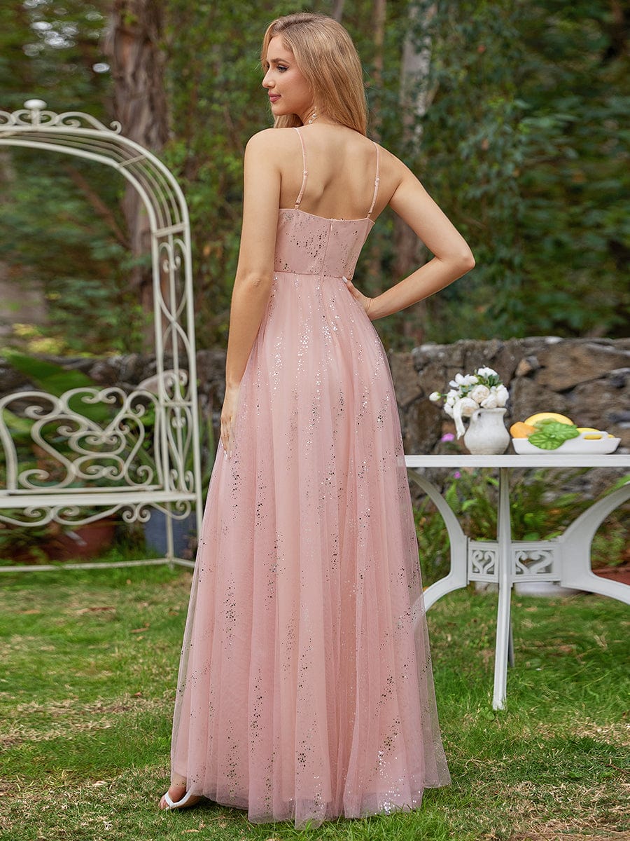 Sparkling Empire Waist Sleeveless Tulle Bridesmaid Dress with V-neck #color_Pink