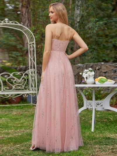 Sparkling Empire Waist Sleeveless Tulle Maxi Dress in Pink #color_Pink