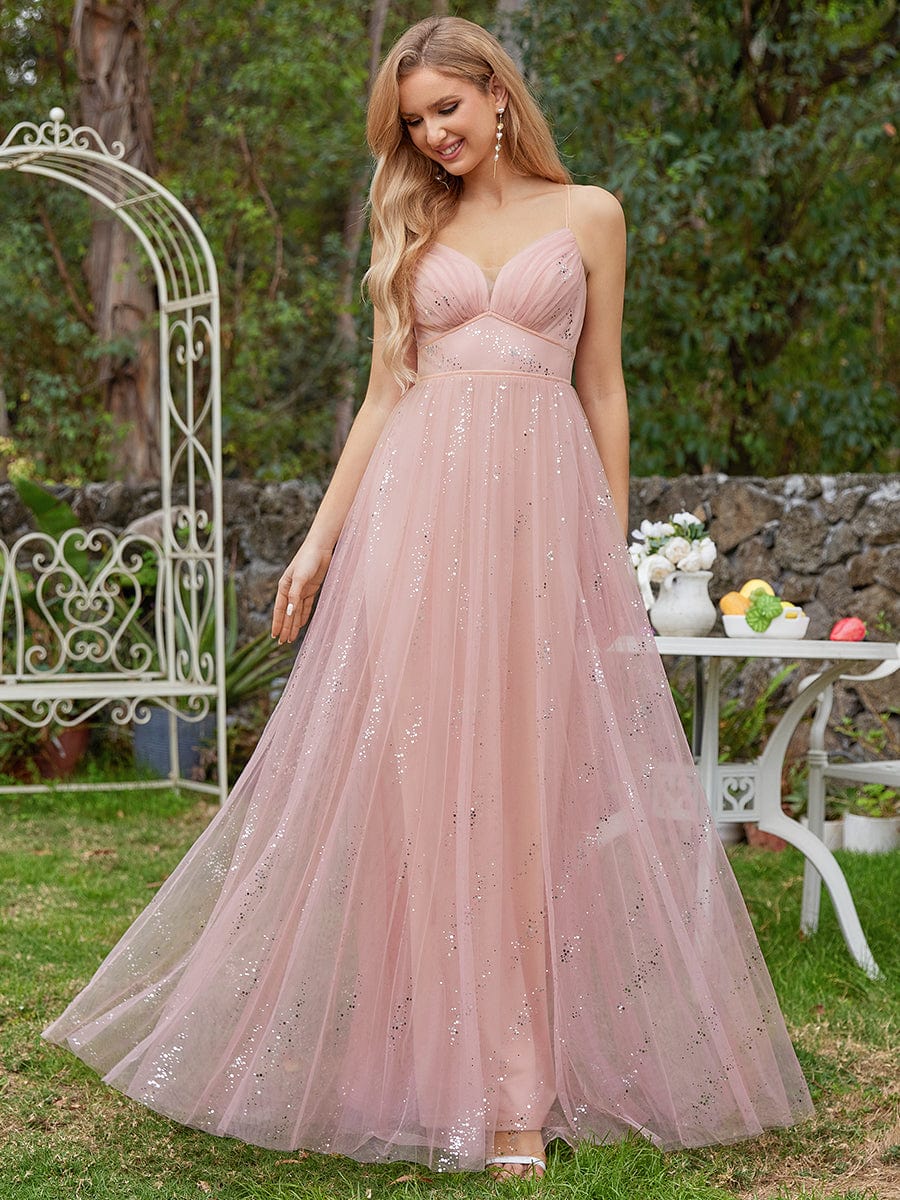 Sparkling Empire Waist Sleeveless Tulle Bridesmaid Dress with V-neck #color_Pink