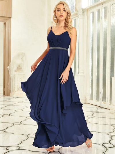 Pearl-Embellished Waist Ruffled V-Neck Sleeveless Chiffon Bridesmaid Dress #color_Navy Blue