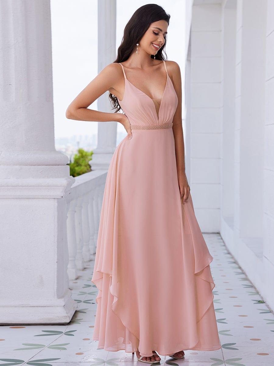 Pearl-Embellished Waist Ruffled V-Neck Sleeveless Chiffon Bridesmaid Dress #color_Pink