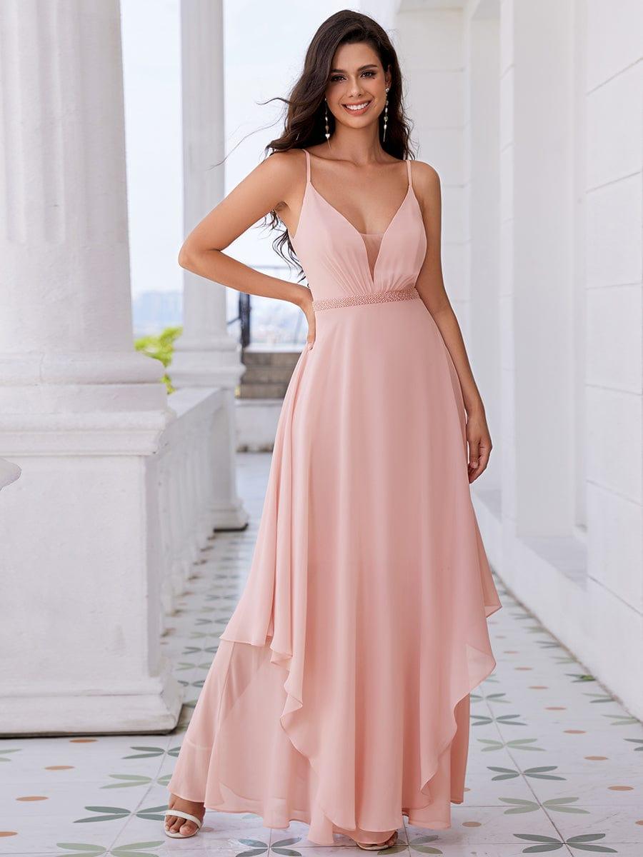 Pearl-Embellished Waist Ruffled V-Neck Sleeveless Chiffon Bridesmaid Dress #color_Pink