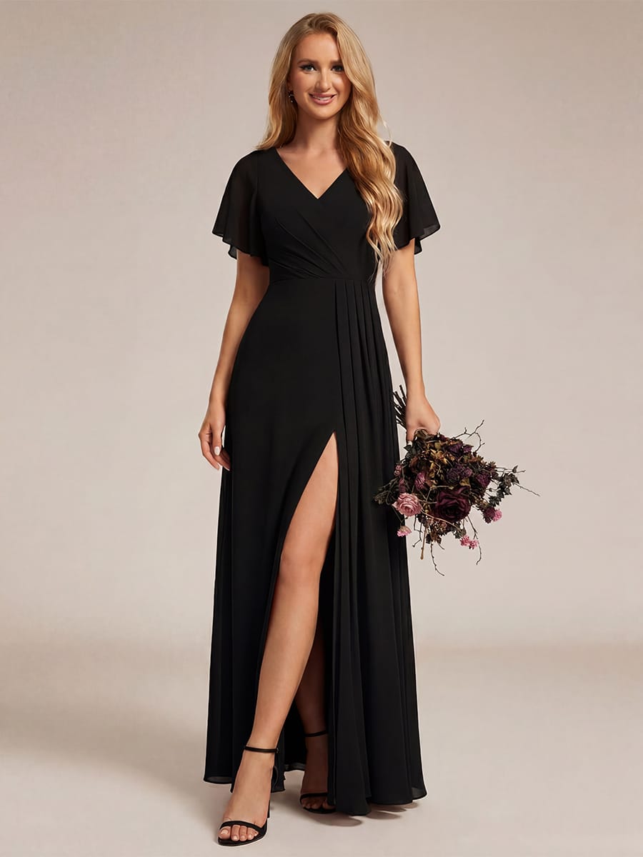 LINDEN Line Ruffle Sleeves High Slit Chiffon Bridesmaid Dress V Neck