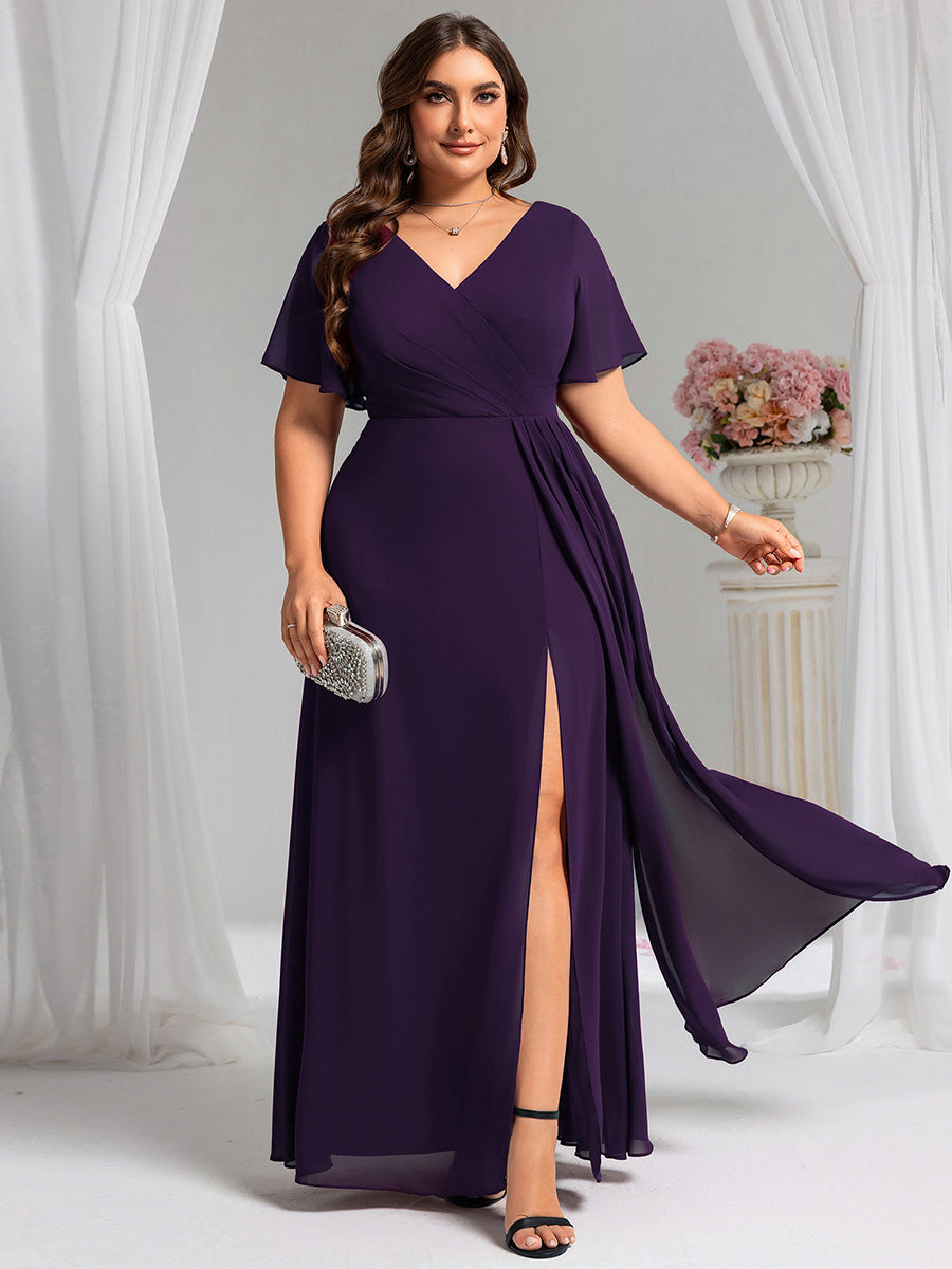 A-Line Ruffle Sleeves and High Slit Chiffon Bridesmaid Dress with V-Neck #color_Dark Purple