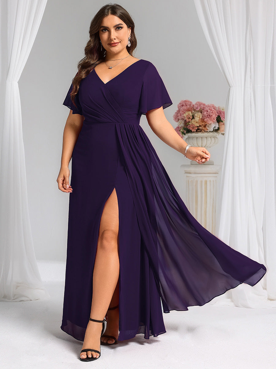 A-Line Ruffle Sleeves and High Slit Chiffon Bridesmaid Dress with V-Neck #color_Dark Purple