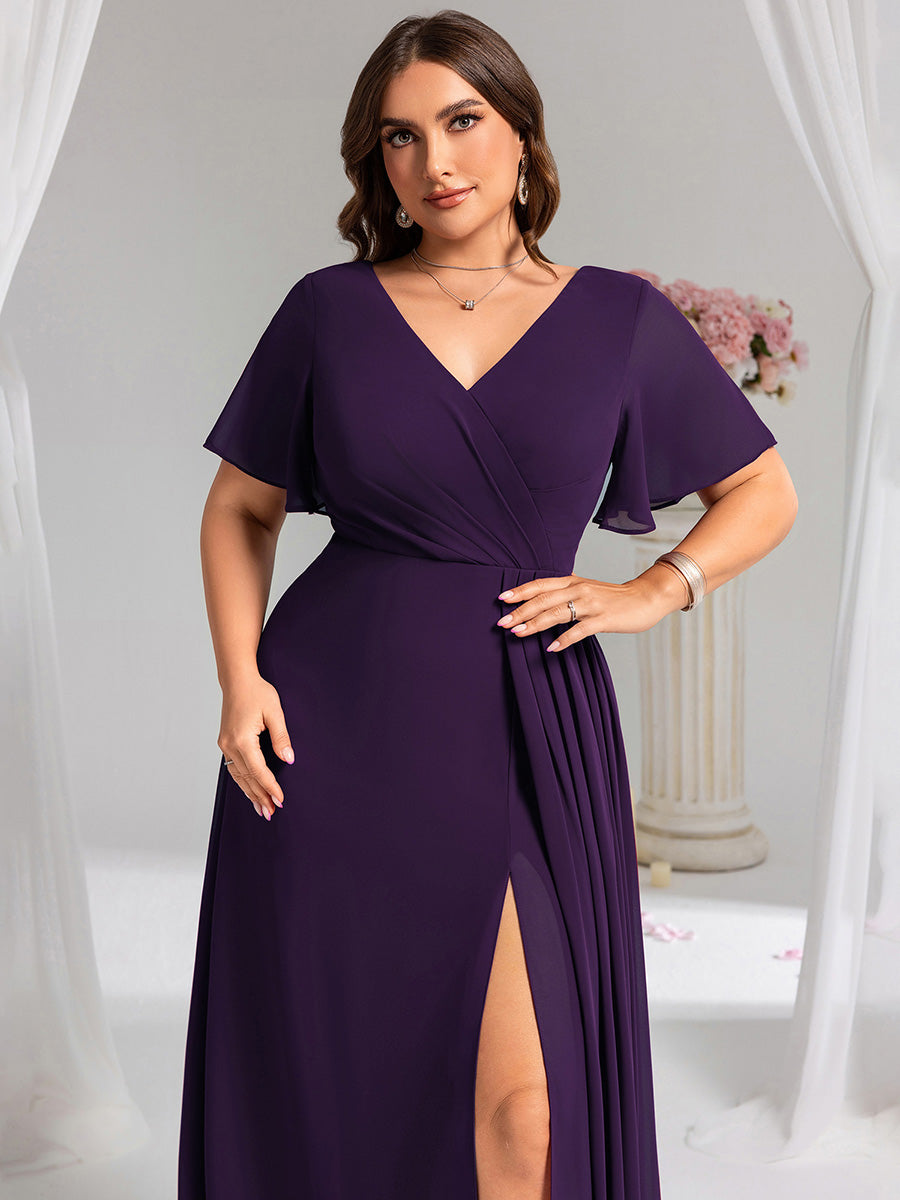 A-Line Ruffle Sleeves and High Slit Chiffon Bridesmaid Dress with V-Neck #color_Dark Purple