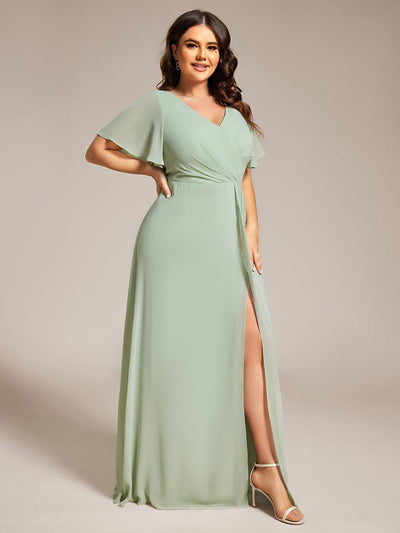 A-Line Ruffle Sleeves and High Slit Chiffon Bridesmaid Dress with V-Neck #color_Mint Green