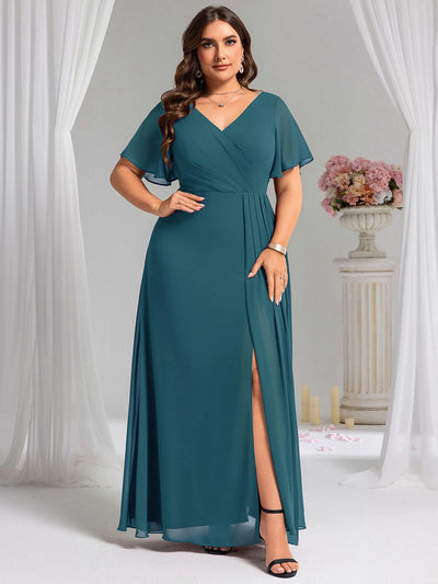 A-Line Ruffle Sleeves and High Slit Chiffon Bridesmaid Dress with V-Neck #color_Teal
