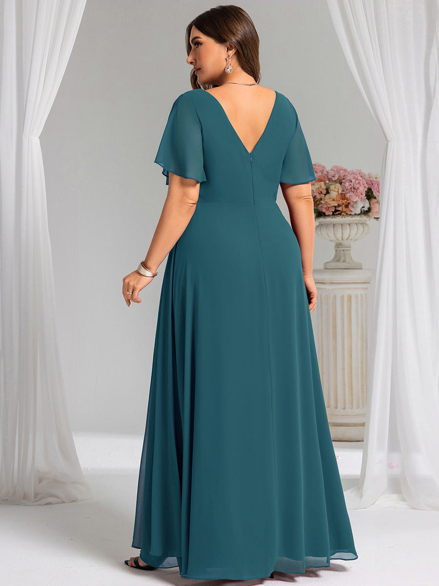 A-Line Ruffle Sleeves and High Slit Chiffon Bridesmaid Dress with V-Neck #color_Teal