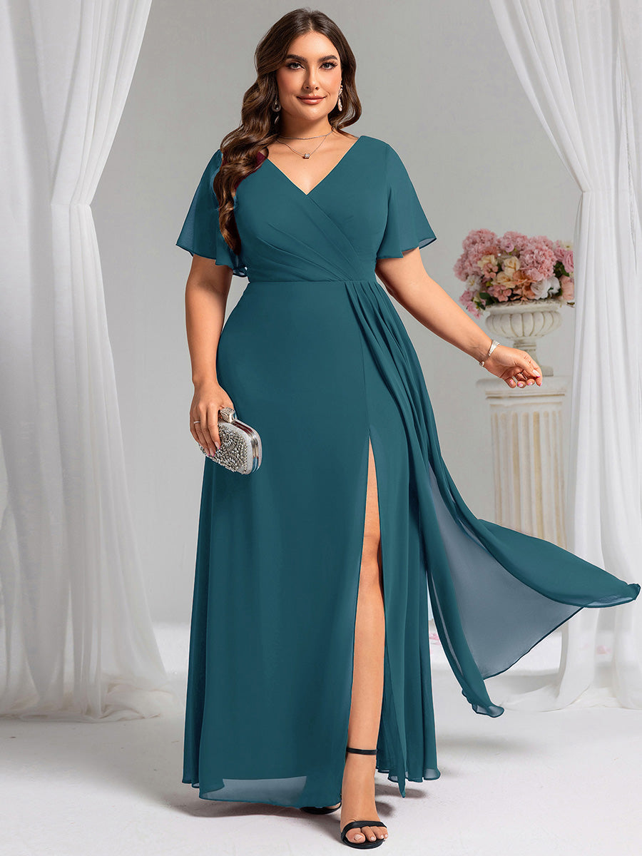 A-Line Ruffle Sleeves and High Slit Chiffon Bridesmaid Dress with V-Neck #color_Teal