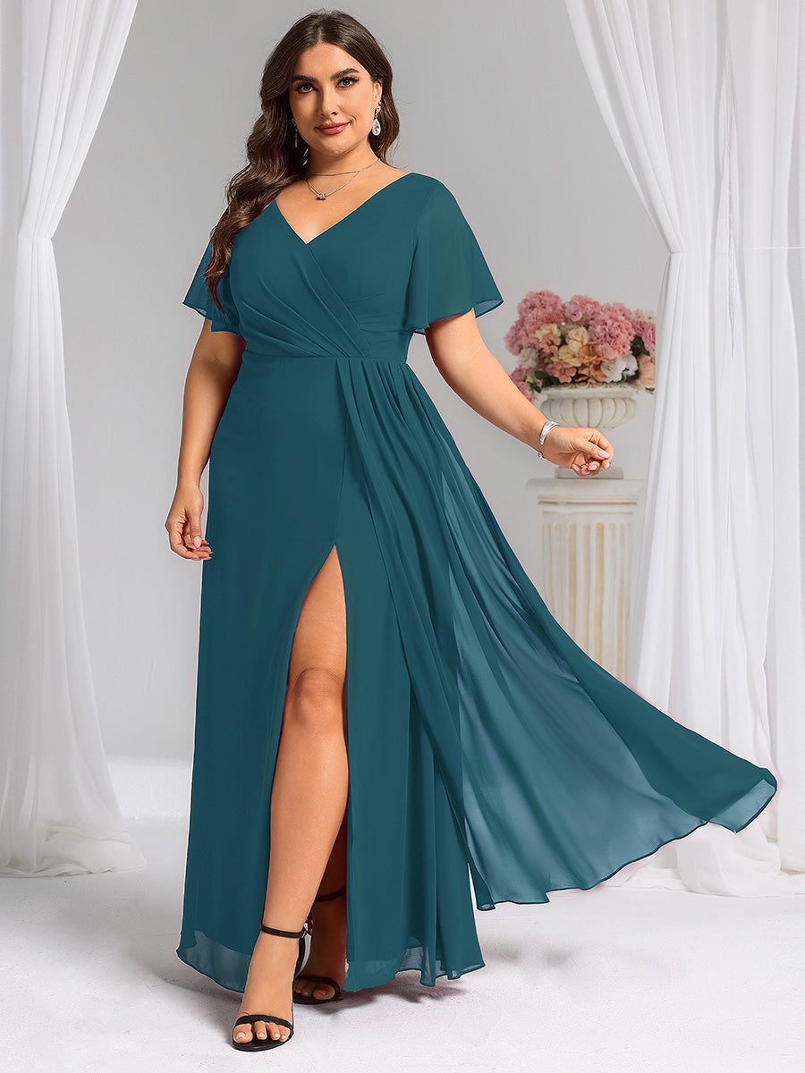 A-Line Ruffle Sleeves and High Slit Chiffon Bridesmaid Dress with V-Neck #color_Teal