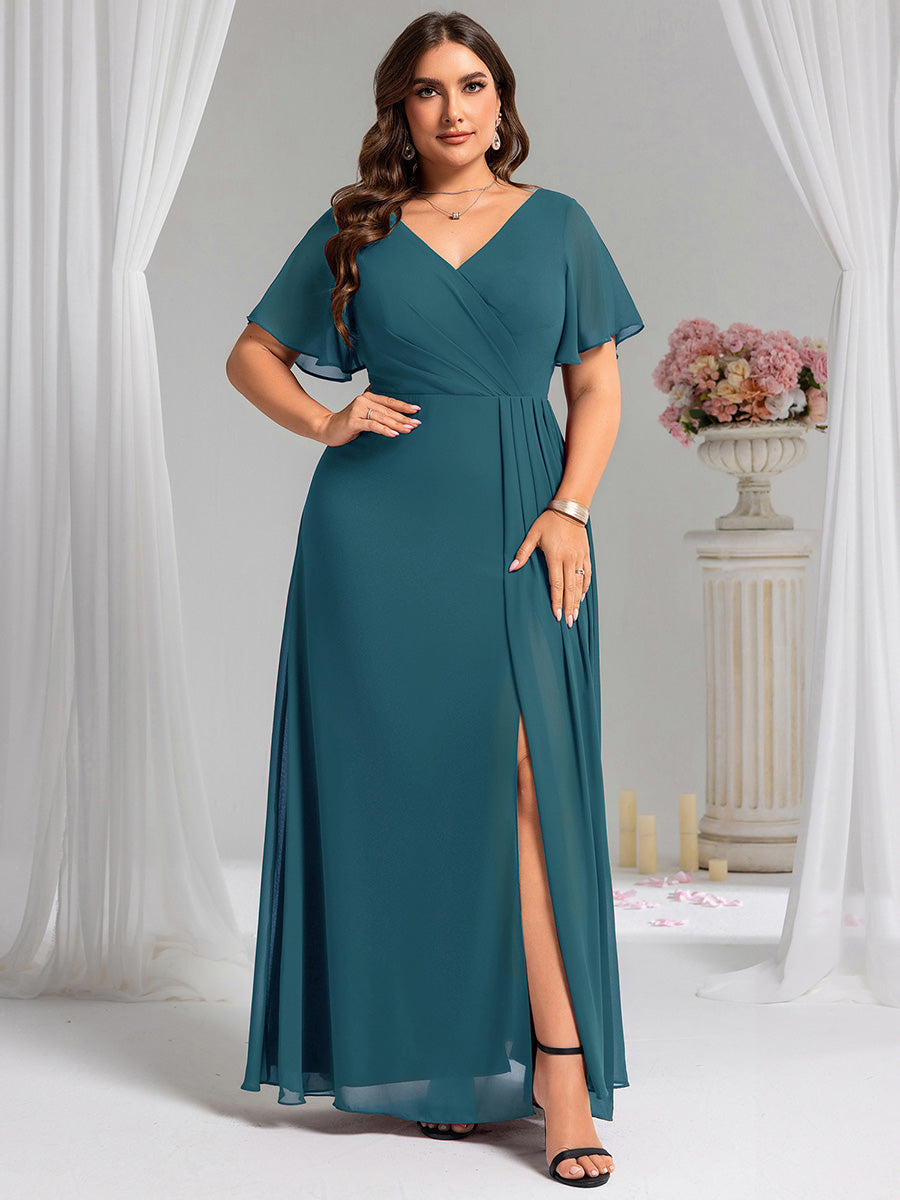 A-Line Ruffle Sleeves and High Slit Chiffon Bridesmaid Dress with V-Neck #color_Teal