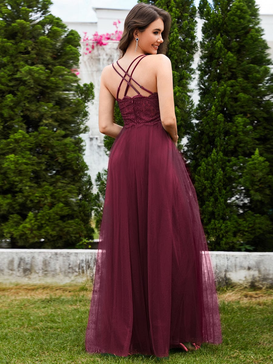 Lace Back Cross-Strap V-Neck Pleated Sleeveless Tulle Dress In Pink #color_Burgundy