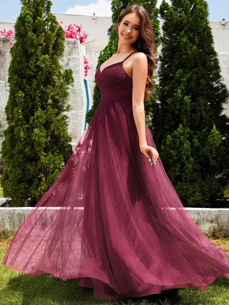 Lace Back Cross-Strap V-Neck Pleated Sleeveless Tulle Bridesmaid Dress #color_Burgundy