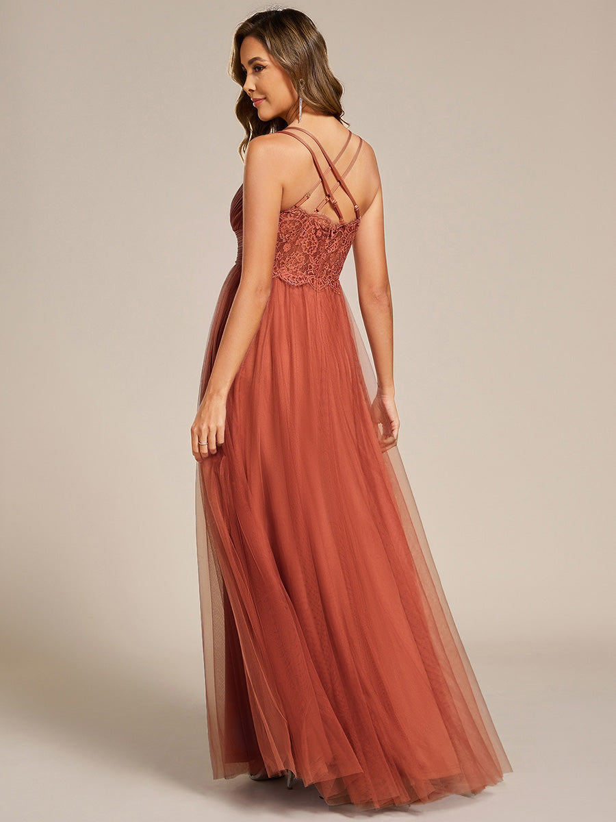 Lace Back Cross-Strap V-Neck Pleated Sleeveless Tulle Bridesmaid Dress #color_Burnt Orange