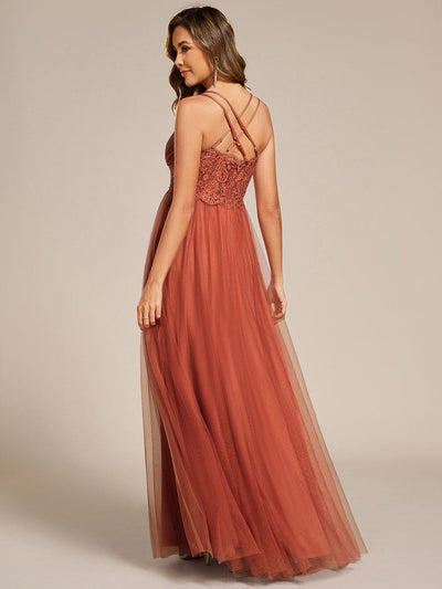 Lace Back Cross-Strap V-Neck Pleated Sleeveless Tulle Dress In Pink #color_Burnt Orange