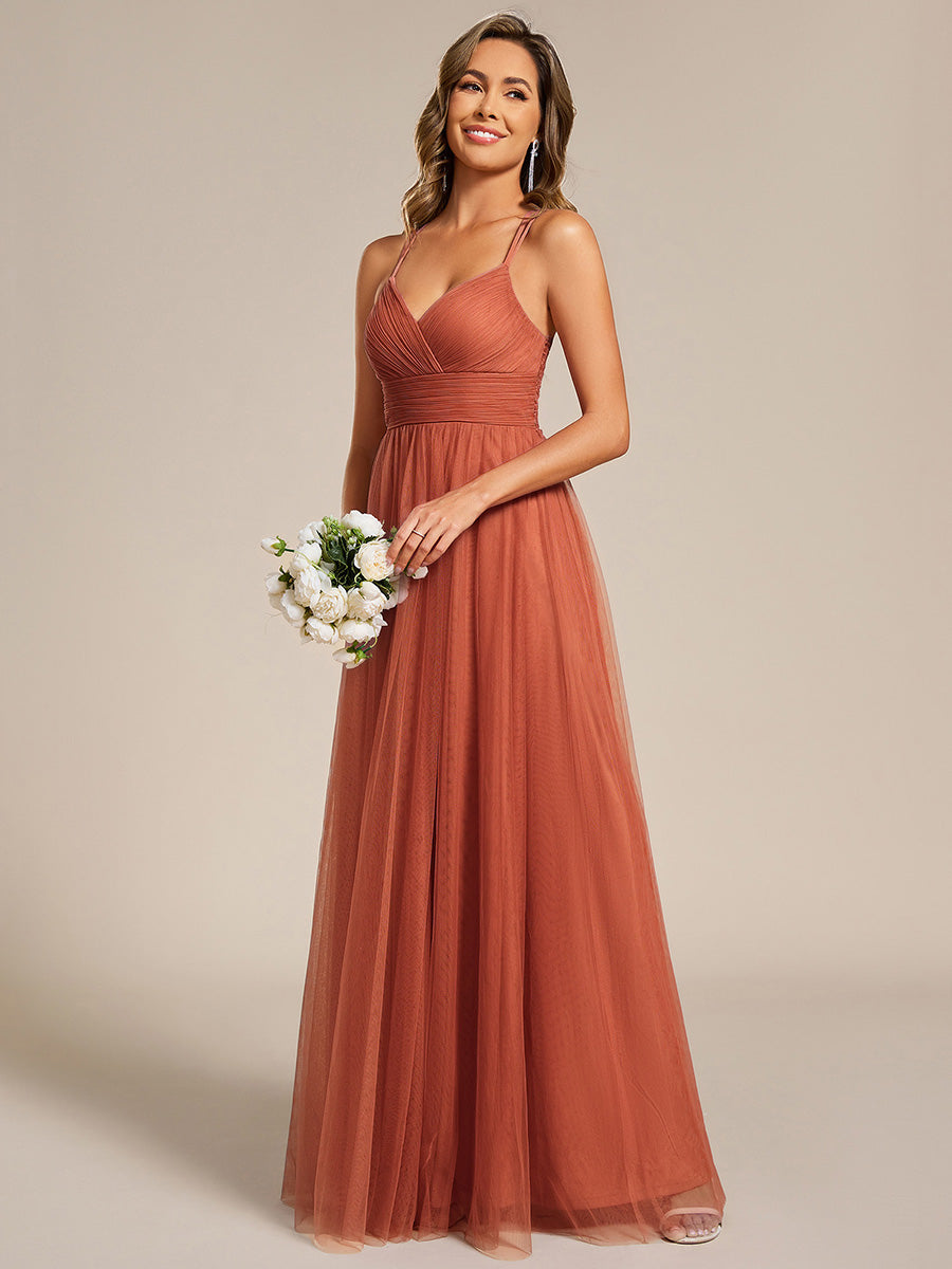 Lace Back Cross-Strap V-Neck Pleated Sleeveless Tulle Bridesmaid Dress #color_Burnt Orange