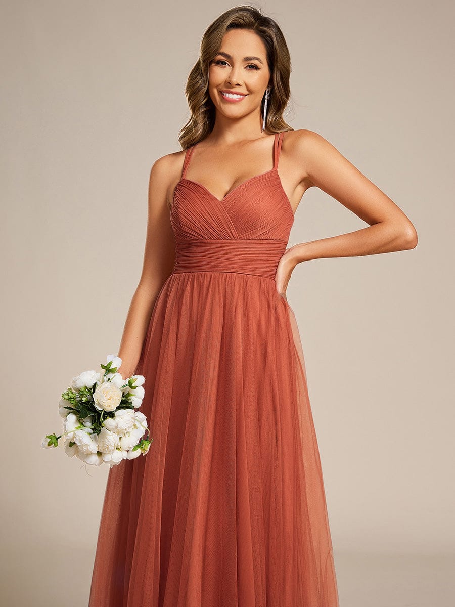 Lace Back Cross-Strap V-Neck Pleated Sleeveless Tulle Dress in Dark Green #color_Burnt Orange