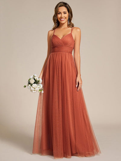 Lace Back Cross-Strap V-Neck Pleated Sleeveless Tulle Dress in Dark Green #color_Burnt Orange