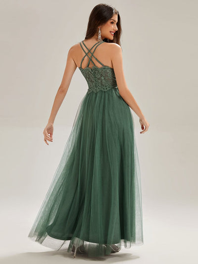 Lace Back Cross-Strap V-Neck Pleated Sleeveless Tulle Dress In Pink #color_Eucalyptus Green