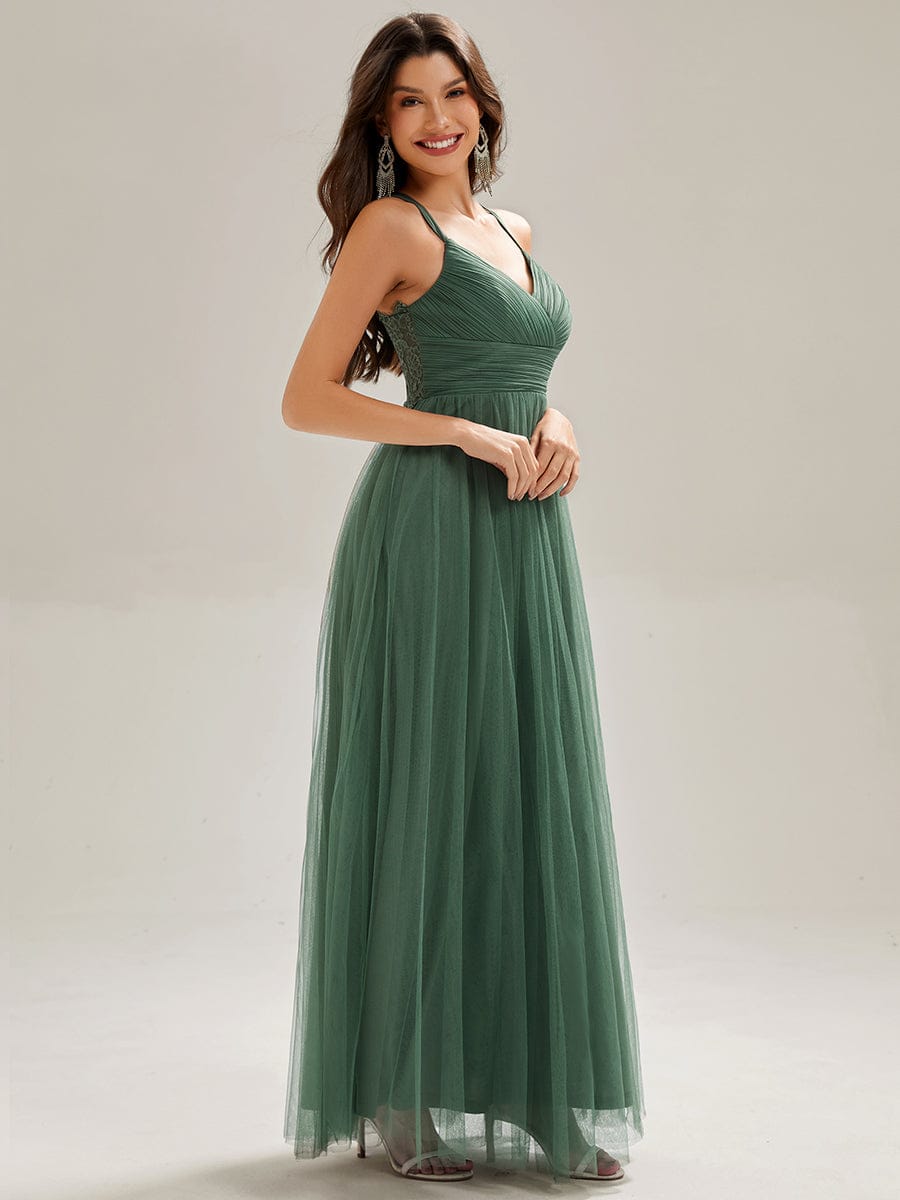 Lace Back Cross-Strap V-Neck Pleated Sleeveless Tulle Dress In Pink #color_Eucalyptus Green