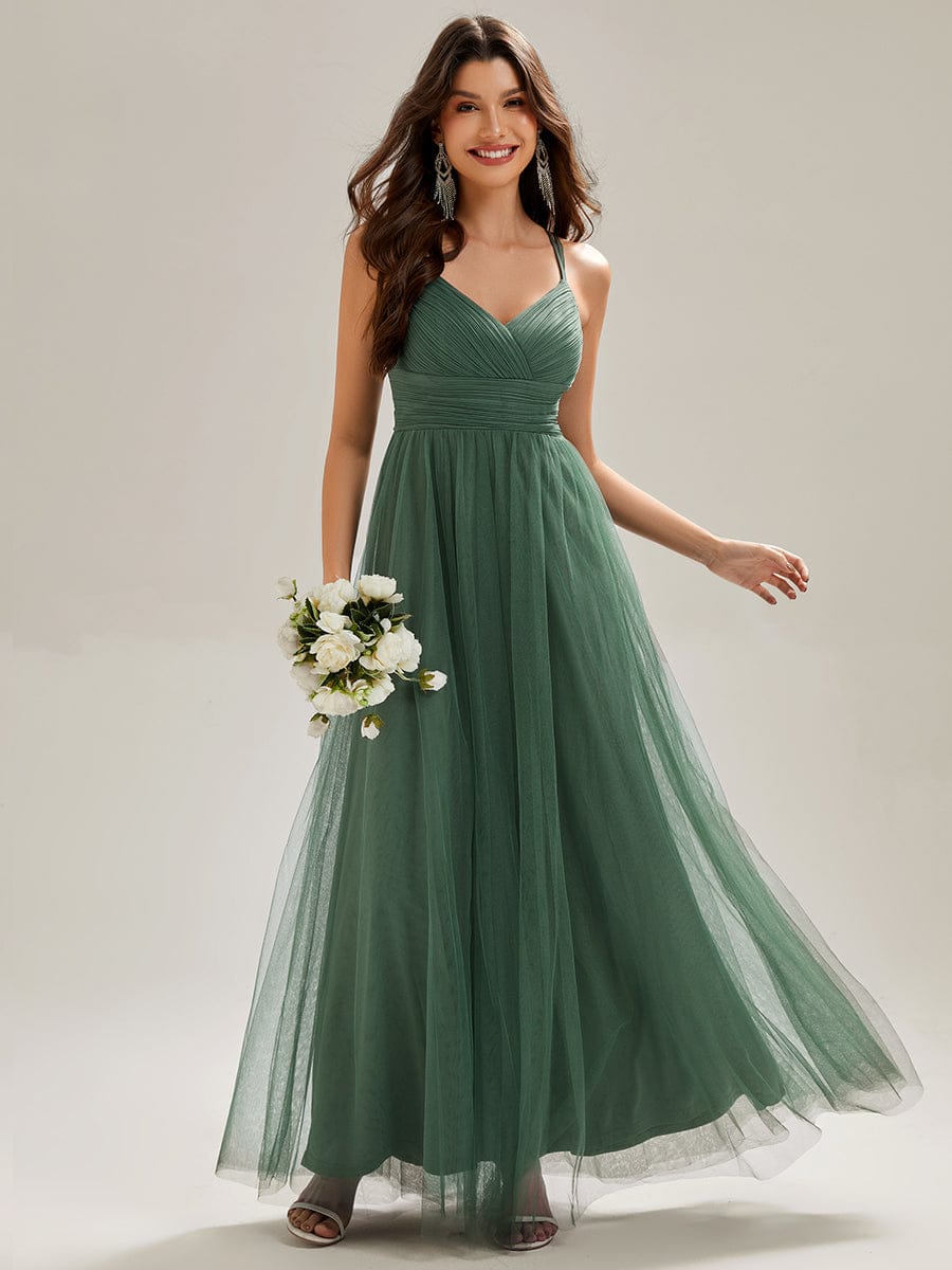Lace Back Cross-Strap V-Neck Pleated Sleeveless Tulle Dress In Pink #color_Eucalyptus Green