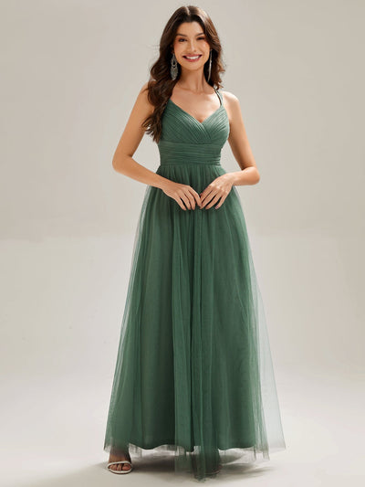Lace Back Cross-Strap V-Neck Pleated Sleeveless Tulle Bridesmaid Dress #color_Eucalyptus Green