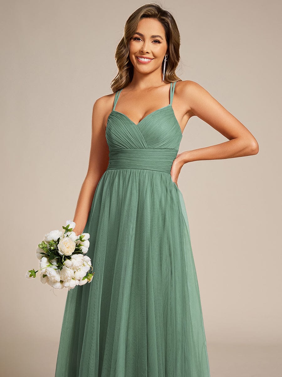 Lace Back Cross-Strap V-Neck Pleated Sleeveless Tulle Bridesmaid Dress #color_Green Bean