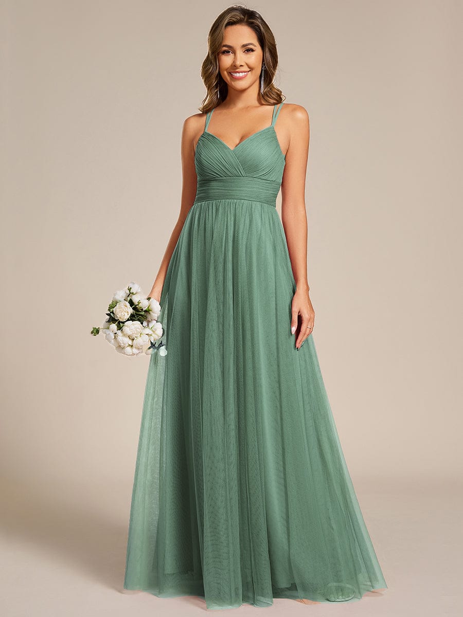 Lace Back Cross-Strap V-Neck Pleated Sleeveless Tulle Bridesmaid Dress #color_Green Bean