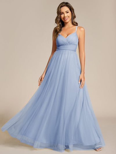 Lace Back Cross-Strap V-Neck Pleated Sleeveless Tulle Bridesmaid Dress #color_Ice Blue