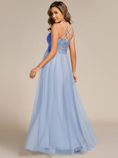 Lace Back Cross-Strap V-Neck Pleated Sleeveless Tulle Dress In Pink #color_Ice Blue