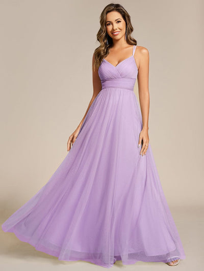 Lace Back Cross-Strap V-Neck Pleated Sleeveless Tulle Bridesmaid Dress #color_Lavender