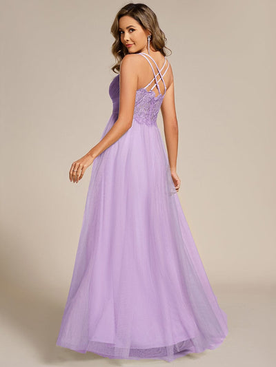 Lace Back Cross-Strap V-Neck Pleated Sleeveless Tulle Bridesmaid Dress #color_Lavender