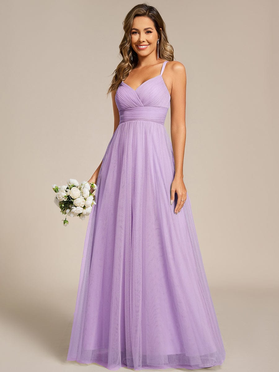 Lace Back Cross-Strap V-Neck Pleated Sleeveless Tulle Bridesmaid Dress #color_Lavender