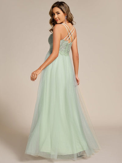 Lace Back Cross-Strap V-Neck Pleated Sleeveless Tulle Dress in Dark Green #color_Mint Green
