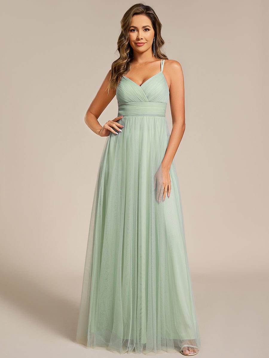 Lace Back Cross-Strap V-Neck Pleated Sleeveless Tulle Dress In Pink #color_Mint Green