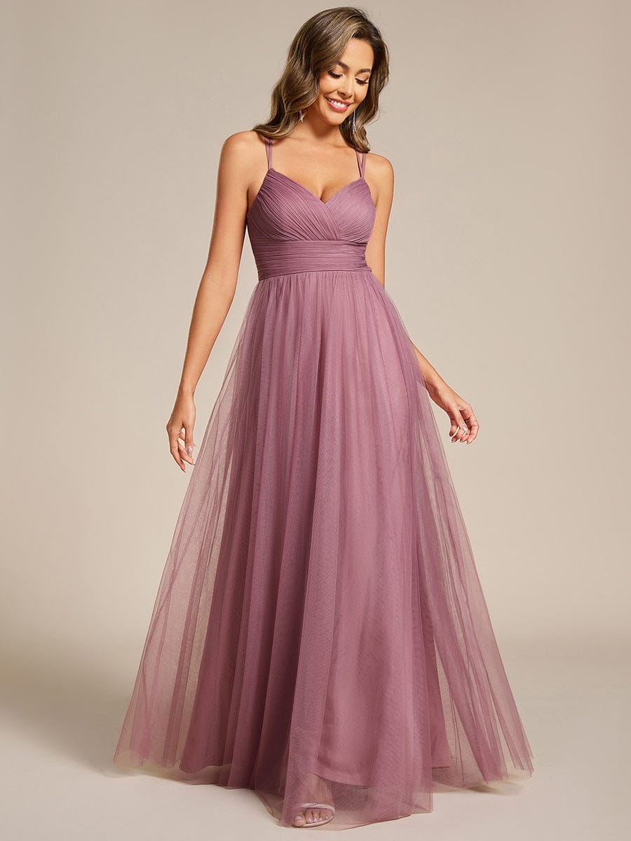 Lace Back Cross-Strap V-Neck Pleated Sleeveless Tulle Dress in Dark Green #color_Purple Orchid